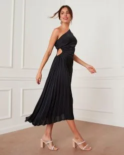 Coda Satin Side Pleated Cutout Midi Dress - Black -clothes Sales STD13619A BLACK 15690