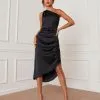 Bellamy One Shoulder Satin Slit Midi Dress - Black