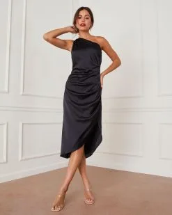Bellamy One Shoulder Satin Slit Midi Dress - Black -clothes Sales STD13619A BLACK 16210