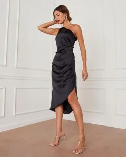 Bellamy One Shoulder Satin Slit Midi Dress - Black -clothes Sales STD13619A BLACK 16232
