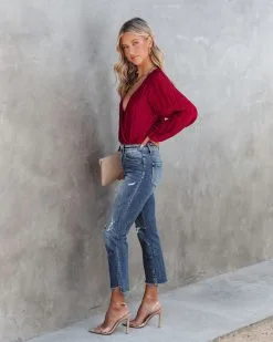 SKYL-002 Salma Plisse Drape Bodysuit - Red - FINAL SALE -clothes Sales SalmaPlisseDrapeBodysuitRed22