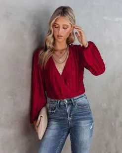 SKYL-002 Salma Plisse Drape Bodysuit - Red - FINAL SALE