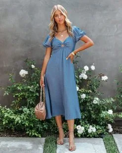 IFB-001 Samantha Puff Sleeve Midi Dress - French Blue - FINAL SALE
