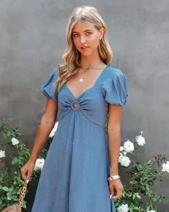 IFB-001 Samantha Puff Sleeve Midi Dress - French Blue - FINAL SALE -clothes Sales SamanthaPuffSleeveMidiDressFrenchBlue44