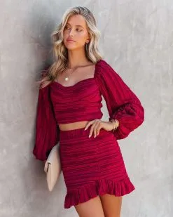 SKYL-002 Scarlett Textured Ruffle Mini Skirt - Burgundy - FINAL SALE -clothes Sales ScarlettTexturedBurgundy109