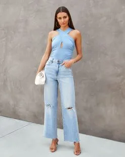 BLUE-001 Selena Ruched Keyhole Bodysuit - Dusty Blue -clothes Sales Selenaruchedkeyholebodysuitdustyblue154300011