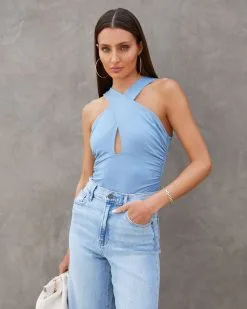 BLUE-001 Selena Ruched Keyhole Bodysuit - Dusty Blue -clothes Sales Selenaruchedkeyholebodysuitdustyblue157400041