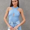 BLUE-001 Selena Ruched Keyhole Bodysuit - Dusty Blue