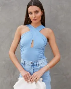 BLUE-001 Selena Ruched Keyhole Bodysuit - Dusty Blue