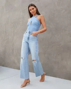 BLUE-001 Selena Ruched Keyhole Bodysuit - Dusty Blue -clothes Sales Selenaruchedkeyholebodysuitdustyblue159400071