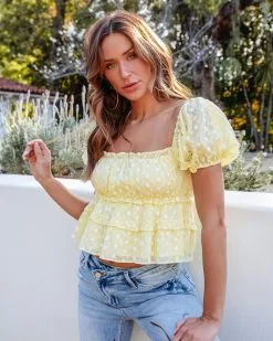 OLIA-001 Shelby Eyelet Puff Sleeve Peplum Top - Lemon - SALE -clothes Sales ShelbyEyeletPuffSleevePeplumTop Lemon111