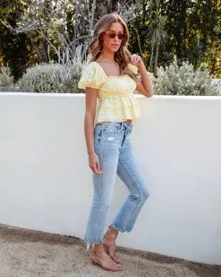 OLIA-001 Shelby Eyelet Puff Sleeve Peplum Top - Lemon - SALE -clothes Sales ShelbyEyeletPuffSleevePeplumTop Lemon57