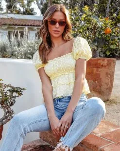 OLIA-001 Shelby Eyelet Puff Sleeve Peplum Top - Lemon - SALE