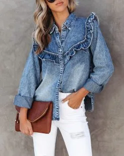Shelton Denim Ruffle Button Down Top - FINAL SALE -clothes Sales SheltonDenimRuffleButtonDownTop42