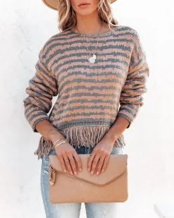 Simple Times Fringe Knit Sweater - Grey Peach - FINAL SALE -clothes Sales Simpletimesfringeknitsweater greypeach 5