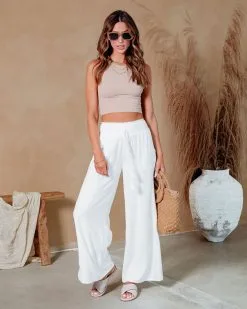 MIOU-001 Olsen Smocked Pocketed Wide Leg Pants - White - SALE