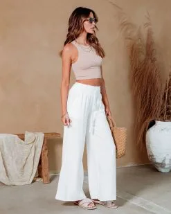 MIOU-001 Olsen Smocked Pocketed Wide Leg Pants - White - SALE -clothes Sales Sirenknitcrochettopoffwhite3258