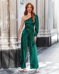 Sleigh Baby Satin One Shoulder Jumpsuit - Hunter Green - FINAL SALE -clothes Sales SleighBabySatinOneShoulderJumpsuit HunterGreen 38