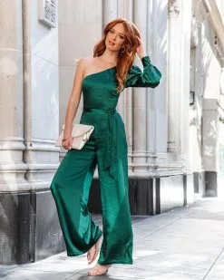 Sleigh Baby Satin One Shoulder Jumpsuit - Hunter Green - FINAL SALE