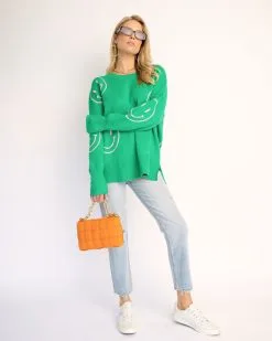 Happy Times Smiley Relaxed Fit Sweater - Green - SALE -clothes Sales SmilesRelaxedFitSweater Green 1