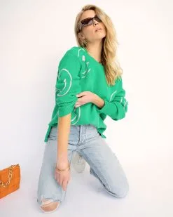 Happy Times Smiley Relaxed Fit Sweater - Green - SALE -clothes Sales SmilesRelaxedFitSweater Green 12