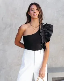 SALT-001 Statement Maker Ribbed One Shoulder Ruffle Bodysuit - Black - SALE 12 SALT-001 Statement Maker Ribbed One Shoulder Ruffle Bodysuit - Black - SALE -clothes Sales StatementMakerRibbedOneShoulderRuffleBodysuit Black 12