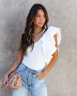 SALT-001 Statement Maker Ribbed One Shoulder Ruffle Bodysuit - White - SALE 12 SALT-001 Statement Maker Ribbed One Shoulder Ruffle Bodysuit - White - SALE -clothes Sales StatementMakerRibbedOneShoulderRuffleBodysuit White 12