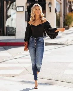 TCEC-001 Statement Style Off The Shoulder Knit Bodysuit - Black -clothes Sales StatementStyleOffTheShoulderKnitBodysuitBlack9