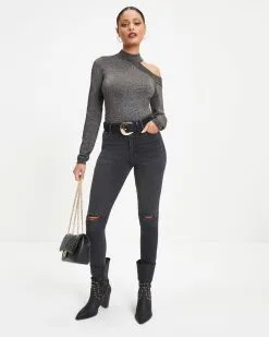 ACOA-001 Stronger Than You Knit Metallic Cutout Bodysuit - FINAL SALE