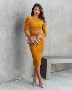 TYCH-001 Sultry Femme Velvet Cutout Midi Dress - Mustard - FINAL SALE -clothes Sales SultryDemmeVelvetCutoutMidiDressMustard1