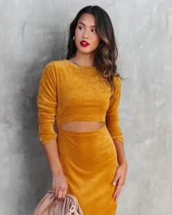 TYCH-001 Sultry Femme Velvet Cutout Midi Dress - Mustard - FINAL SALE -clothes Sales SultryDemmeVelvetCutoutMidiDressMustard48