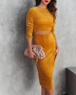 TYCH-001 Sultry Femme Velvet Cutout Midi Dress - Mustard - FINAL SALE -clothes Sales SultryDemmeVelvetCutoutMidiDressMustard49