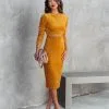 TYCH-001 Sultry Femme Velvet Cutout Midi Dress - Mustard - FINAL SALE