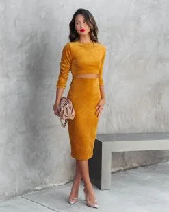 TYCH-001 Sultry Femme Velvet Cutout Midi Dress - Mustard - FINAL SALE