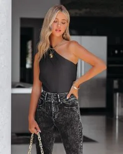 SKYL-002 Sun Drenched One Shoulder Knit Bodysuit - Black -clothes Sales SunDrenchedOneShoulderKnitBodysuitBlack115