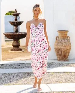 DEE-001 Talk About It Floral Satin Strapless Midi Dress - Pink Multi - SALE