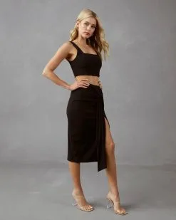 TYCH-001 Tammy Twist Front Ribbed Midi Skirt - Black -clothes Sales Tammytwistfrontribbedmidiskirtandcroptopblack09251