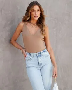 BLUE-001 Tinsley Plunge Neck Bodysuit - Mocha