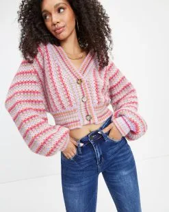 BLU-001 Tunnel Vision Striped Knit Balloon Sleeve Cardigan - FINAL SALE -clothes Sales Tunnel Vision Striped Knit Balloon Sleeve Cardigan 5584