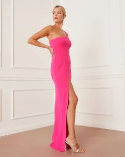 MANI-001 Harlowe One Shoulder Slit Maxi Dress - Hot Pink 10 MANI-001 Harlowe One Shoulder Slit Maxi Dress - Hot Pink -clothes Sales UN218 HOTPINK 36