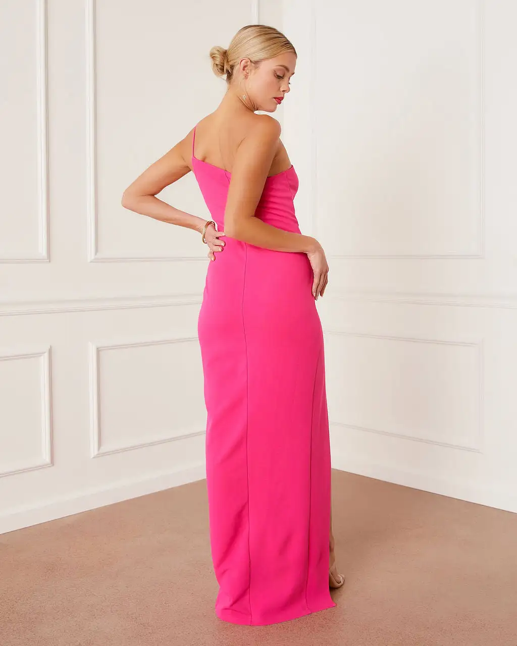 MANI-001 Harlowe One Shoulder Slit Maxi Dress - Hot Pink 2 MANI-001 Harlowe One Shoulder Slit Maxi Dress - Hot Pink - Image 2