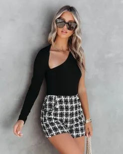 LUSH-001 Unforgettable Night One Shoulder Cutout Bodysuit - Black - FINAL SALE -clothes Sales UnforgettebleNightOneShoulderCutoutpairwithTresClassiquePocketedTweedShorts 7