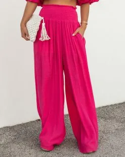 FLAW-001 Mila Pocketed Wide Leg Pants - Hot Pink - SALE