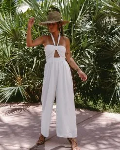 ACOA-001 Nikki Beach Halter Cutout Jumpsuit - Off White - LAST CHANCE