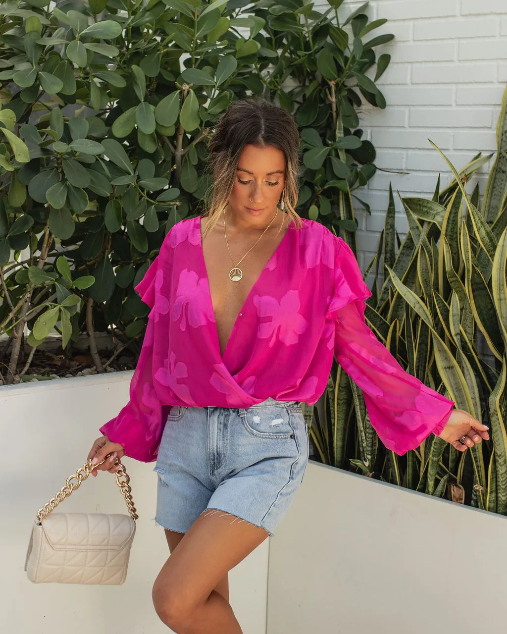 STRU-001 Tailynn Floral Ruffle Bodysuit - Hot Pink - SALE 1 STRU-001 Tailynn Floral Ruffle Bodysuit - Hot Pink - SALE