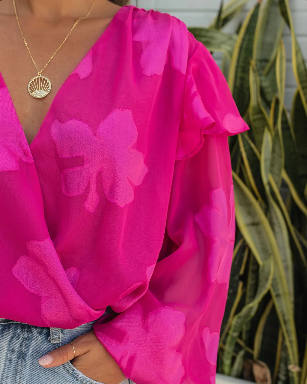 STRU-001 Tailynn Floral Ruffle Bodysuit - Hot Pink - SALE 2 STRU-001 Tailynn Floral Ruffle Bodysuit - Hot Pink - SALE - Image 2