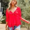 Vaughan Chiffon Eyelet Babydoll Top - Red - FINAL SALE