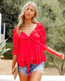 Vaughan Chiffon Eyelet Babydoll Top - Red - FINAL SALE