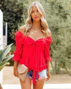 Vaughan Chiffon Eyelet Babydoll Top - Red - FINAL SALE -clothes Sales VaughanChiffonEyeletBabydollTopRed96