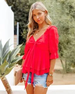 Vaughan Chiffon Eyelet Babydoll Top - Red - FINAL SALE -clothes Sales VaughanChiffonEyeletBabydollTopRed99